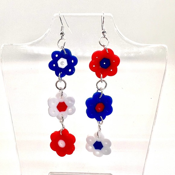 USA Flower Earrings - 4th of July Earrings - American Earrings - Patriotic Earri - Picture 1 of 8